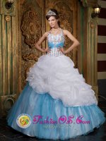 Bethany Beach Delaware/ DE A-line Lovely Organza White and Baby Blue For Quinceanera Dress Halter Beading and Pick-ups