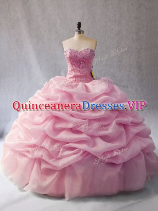 Organza Sweetheart Sleeveless Lace Up Beading and Pick Ups 15th Birthday Dress in Pink