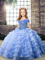 Unique Blue Ball Gowns Beading and Ruffled Layers Little Girl Pageant Gowns Lace Up Organza Sleeveless(SKU PAG1219-7BIZ)