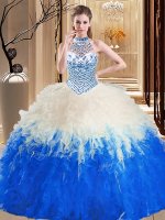 Halter Top Sleeveless Lace Up Floor Length Beading and Ruffles Sweet 16 Dresses