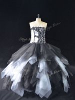 Ideal White And Black Lace Up Strapless Lace and Ruffles Sweet 16 Dresses Tulle Sleeveless