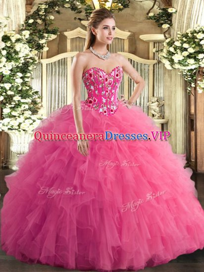 Trendy Embroidery and Ruffles Sweet 16 Dress Hot Pink Lace Up Sleeveless - Click Image to Close