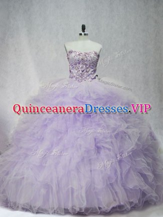 Fabulous Lavender Tulle Lace Up Sweetheart Sleeveless Vestidos de Quinceanera Brush Train Ruffles