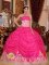 Albox Spain Beaded Decorate Bodice Lovely Hot Pink Sweet Christmas Party Dress Strapless Organza Ball Gown