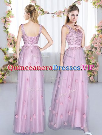 Comfortable Lavender V-neck Neckline Beading and Appliques Quinceanera Court of Honor Dress Sleeveless Lace Up