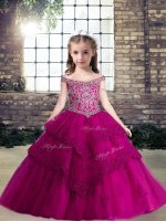 Cute Fuchsia Lace Up Off The Shoulder Beading and Lace and Appliques Pageant Dress Toddler Tulle Sleeveless