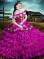 New Style Fuchsia Sweet 16 Dresses Sweet 16 and Quinceanera with Embroidery and Ruffles Off The Shoulder Sleeveless Lace Up(SKU XBQD019-3BIZ)