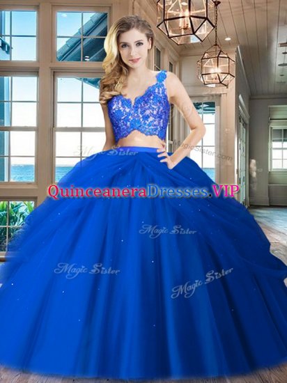 Stunning Royal Blue Two Pieces V-neck Sleeveless Tulle Floor Length Zipper Lace and Ruffled Layers Sweet 16 Dresses - Click Image to Close