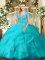 Designer Aqua Blue Sleeveless Beading and Ruffles Floor Length Court Dresses for Sweet 16