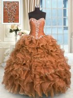 Brown Lace Up Sweetheart Beading and Ruffles Sweet 16 Dress Organza Sleeveless