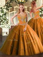 Sleeveless Tulle Floor Length Lace Up Sweet 16 Dresses in Orange with Beading