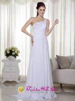 Lake Buena Vista FL Elegant White Column One Shoulder Brush Train Chiffon Beading and Ruch Quinceanera Dama Dress