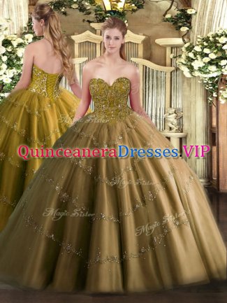 Tulle Sweetheart Sleeveless Lace Up Appliques Vestidos de Quinceanera in Brown