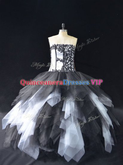 Ideal White And Black Lace Up Strapless Lace and Ruffles Sweet 16 Dresses Tulle Sleeveless - Click Image to Close