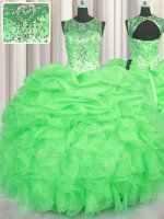 See Through Organza Lace Up Scoop Sleeveless Floor Length 15 Quinceanera Dress Beading and Ruffles and Pick Ups