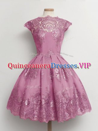 Knee Length Lilac Damas Dress Tulle Cap Sleeves Lace