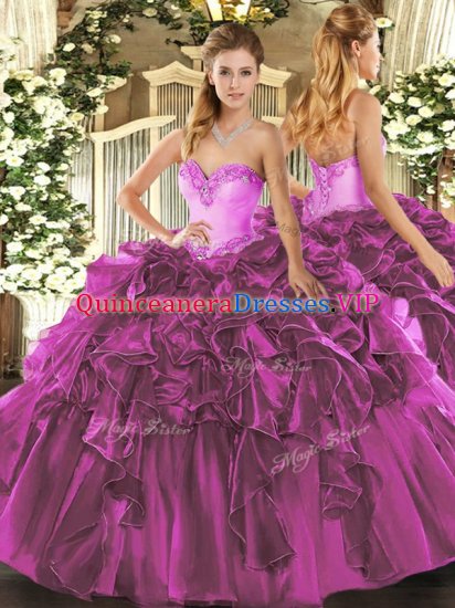 Fashion Fuchsia Organza Lace Up Sweetheart Sleeveless Floor Length 15th Birthday Dress Beading and Ruffles - Click Image to Close