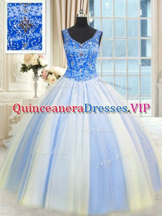 High End Blue And White Sleeveless Beading and Sequins Floor Length Sweet 16 Quinceanera Dress