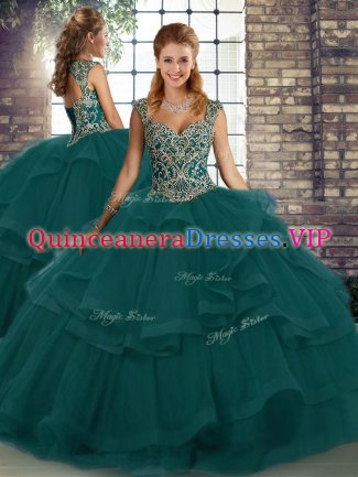 Enchanting Peacock Green Lace Up Sweet 16 Quinceanera Dress Beading and Ruffles Sleeveless Floor Length