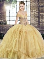 Pretty Sleeveless Beading and Ruffles Lace Up Quinceanera Gowns