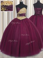 Customized Burgundy Ball Gowns Sweetheart Sleeveless Tulle Floor Length Lace Up Beading and Appliques Quinceanera Gown(SKU PSSW0452-5BIZ)