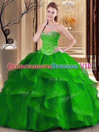 Edgy Green Sweetheart Neckline Beading and Ruffles 15th Birthday Dress Sleeveless Lace Up