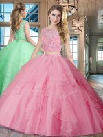 Pretty Tulle Bateau Sleeveless Brush Train Lace Up Lace and Ruffles 15th Birthday Dress in Rose Pink