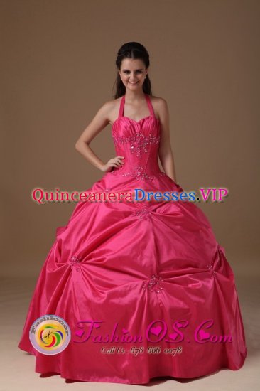 Spring Hill FL Hot Pink Halter Quinceanera Dress Beading and Pick-ups For Exclusive Sweetheart - Click Image to Close