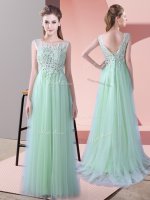 Comfortable Sleeveless Tulle Brush Train Zipper Quinceanera Court of Honor Dress in Apple Green with Beading and Lace