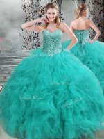 Sweetheart Sleeveless Ball Gown Prom Dress Floor Length Beading and Ruffles Turquoise Organza