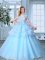 Fashion SeeThrough Light Blue Short Sleeves Floor Length Appliques and Ruffled Layers Lace Up Quinceanera Gown