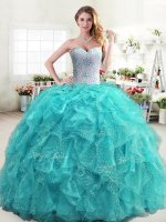 Aqua Blue Lace Up Sweetheart Beading and Ruffles Quince Ball Gowns Organza Sleeveless(SKU YYPJ031-2BIZ)