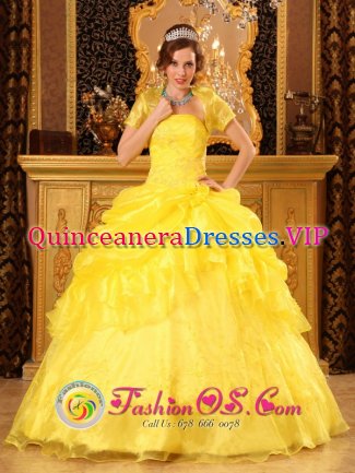 Long Branch New Jersey/ NJ Strapless and Appliques For Yellow Quinceanera Dress With Floor-length Pick-ups Ball Gown