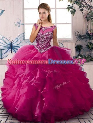 Floor Length Fuchsia Vestidos de Quinceanera Scoop Sleeveless Zipper