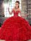 Popular Red Ball Gowns Halter Top Sleeveless Tulle Floor Length Lace Up Beading and Ruffles Sweet 16 Quinceanera Dress