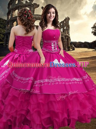 Floor Length Zipper 15 Quinceanera Dress Hot Pink for Military Ball and Sweet 16 and Quinceanera with Embroidery and Ruffled Layers