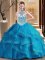 Best Blue Halter Top Neckline Beading and Ruffles Ball Gown Prom Dress Sleeveless Lace Up