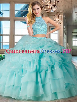 Backless Halter Top Sleeveless Vestidos de Quinceanera Brush Train Beading and Ruffled Layers and Pick Ups Aqua Blue Organza