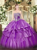 Purple Ball Gowns Strapless Sleeveless Organza and Taffeta Floor Length Lace Up Beading and Ruffled Layers Quinceanera Dresses(SKU SJQDDT1461002-1BIZ)