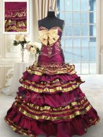 With Train Burgundy Sweet 16 Quinceanera Dress Taffeta Brush Train Sleeveless Beading and Ruffled Layers and Bowknot(SKU PSSW0367BIZ)