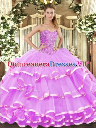 Lilac Sleeveless Beading and Ruffled Layers Floor Length Sweet 16 Dresses