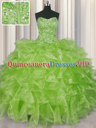 Great Visible Boning Strapless Sleeveless Sweet 16 Dresses Floor Length Beading and Ruffles Yellow Green Organza