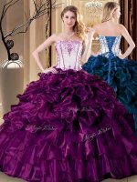 Affordable Purple Ball Gowns Organza Strapless Sleeveless Pick Ups Floor Length Lace Up Quinceanera Dresses