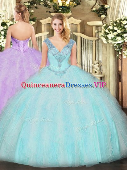 Ruffles 15th Birthday Dress Aqua Blue Lace Up Sleeveless Floor Length - Click Image to Close