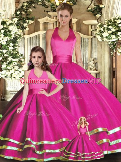 Custom Fit Fuchsia Ball Gowns Organza Halter Top Sleeveless Ruffled Layers Lace Up 15 Quinceanera Dress - Click Image to Close