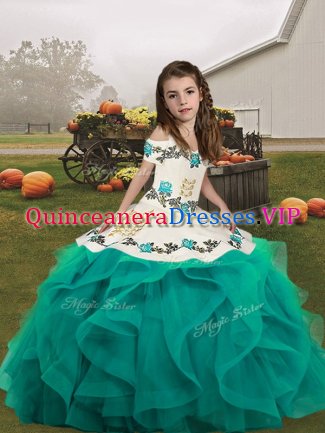 Teal Sleeveless Embroidery Floor Length Pageant Gowns For Girls