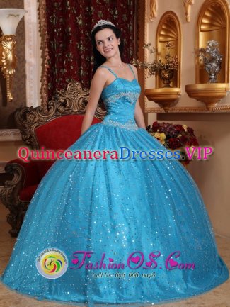 Fleury-les-Aubrais France Spaghetti Straps Sequin And Beading Decorate Popular Teal Quinceanera Dress With For Sweet 16