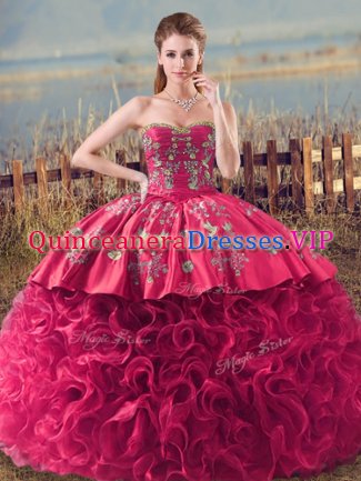 Pretty Fabric With Rolling Flowers Sweetheart Sleeveless Lace Up Embroidery and Ruffles 15th Birthday Dress in Coral Red