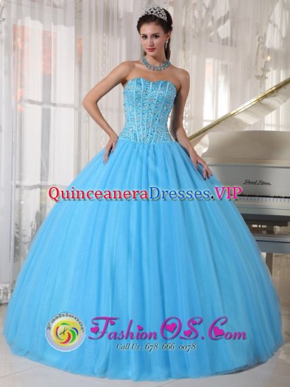 Gorgeous Jarabacoa Dominican Republic Sky Blue Beaded Decorate Bodice Quinceanera Dress With Sweetheart Tulle Ball Gown - Click Image to Close