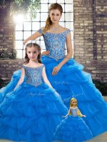 Blue Ball Gowns Off The Shoulder Sleeveless Tulle Brush Train Lace Up Beading and Pick Ups 15 Quinceanera Dress